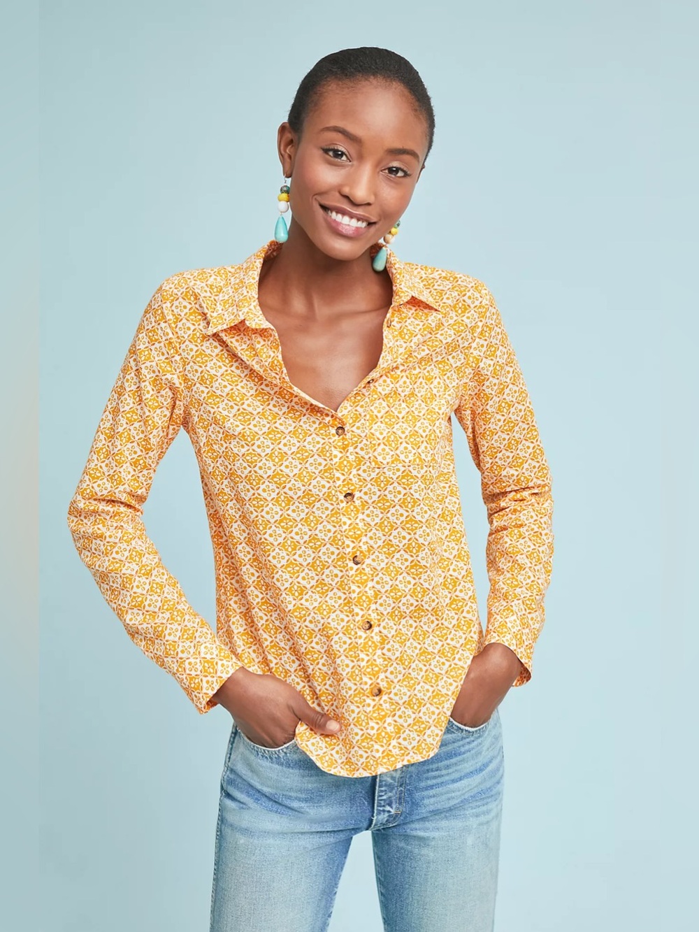 NEW Anthropologie Maeve Petrin Button Down Shirt Gold Yellow Geometric 2P or XS